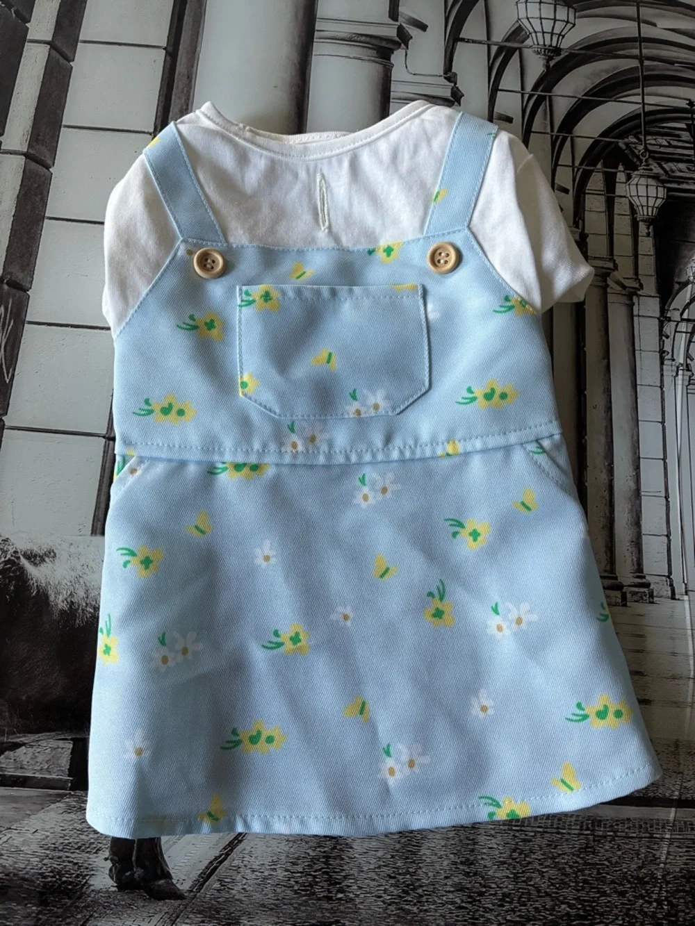 Cream 'HOORAY' Knit Pet Sweater + Light Blue Floral Pinafore Dress Set